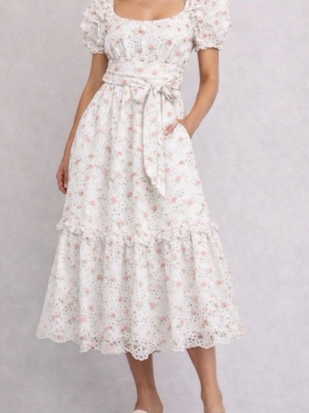 LoveShackFancy White Eyelet Dress with Pink & Green Floral Embroidery